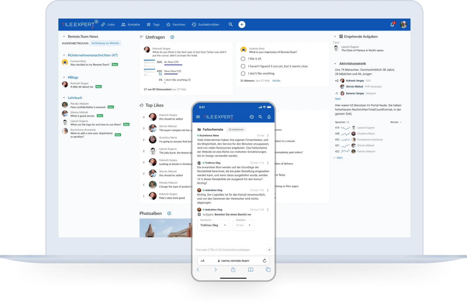 Remote.Team auf Laptop und Smartphone: Arbeits-Chat, Team-News und Umfragen