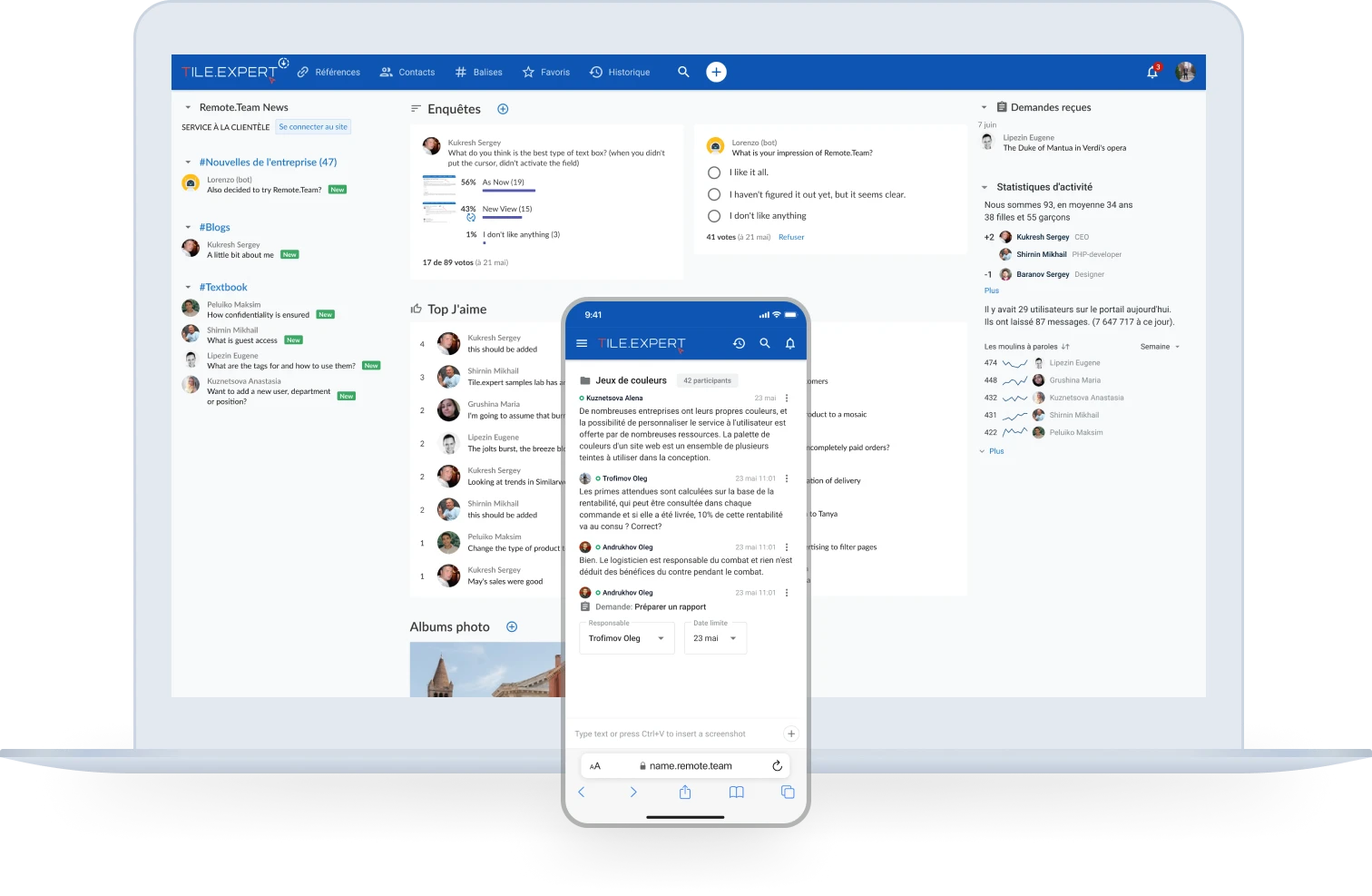 Remote.Team sur ordinateur portable et smartphone : chat de travail, actualités de l'équipe et sondages