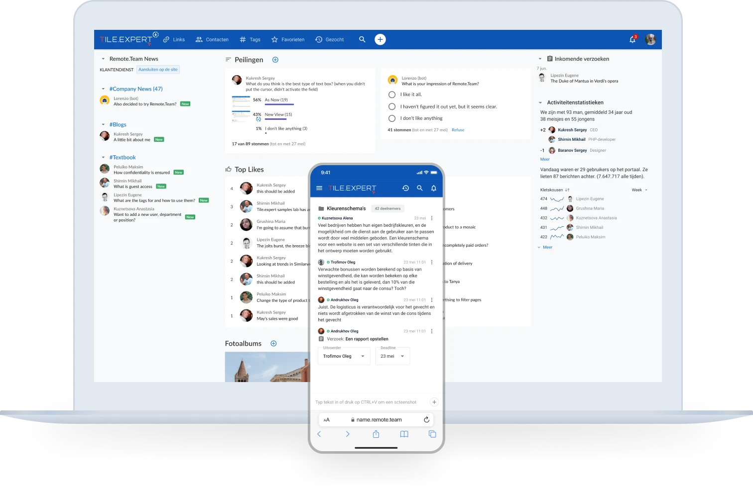 Remote.Team op laptop en telefoon: werkchat, teamnieuws en peilingen