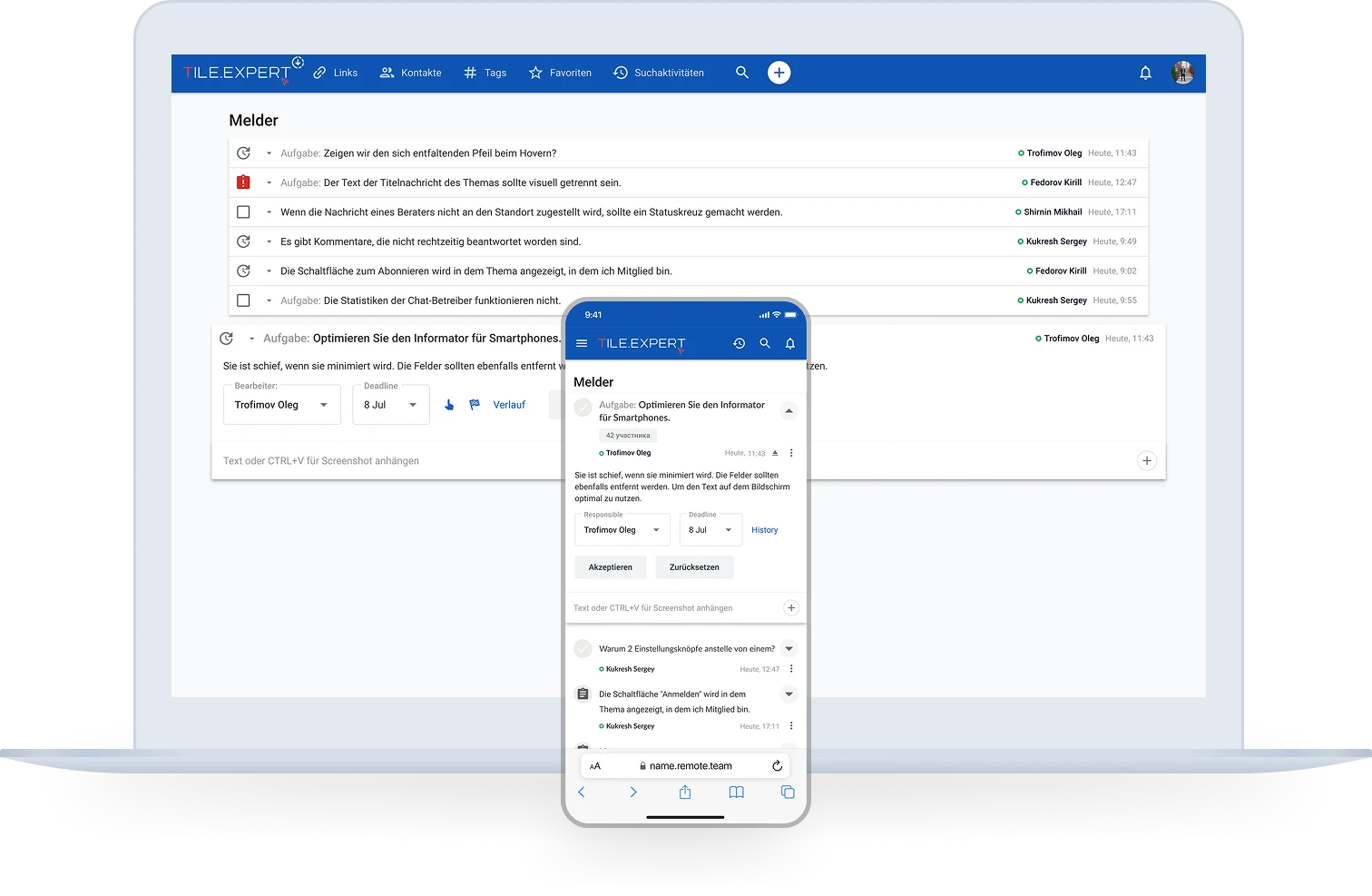 Remote.Team-Informer: Anfragen mit Verantwortlichem und Frist auf Laptop und Smartphone