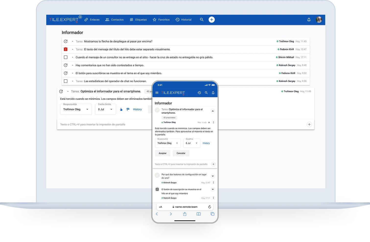 Informador de Remote.Team: solicitudes con responsable y plazo en portátil y móvil