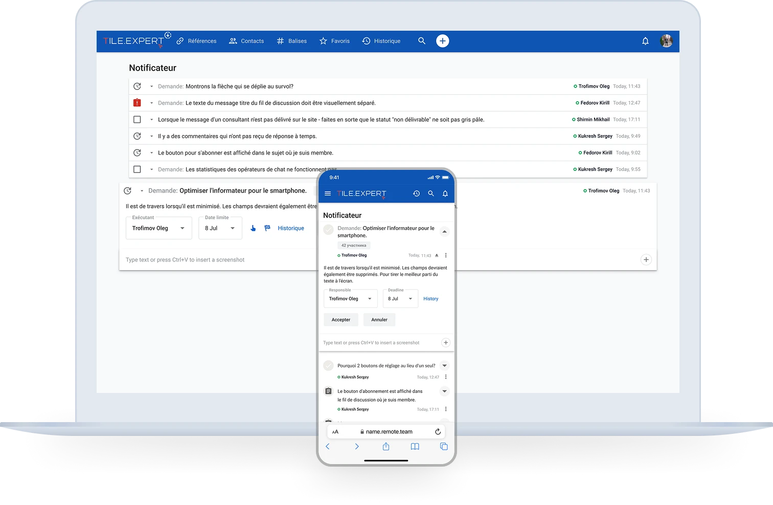 Informateur Remote.Team : demandes avec responsable et échéance sur ordinateur portable et smartphone