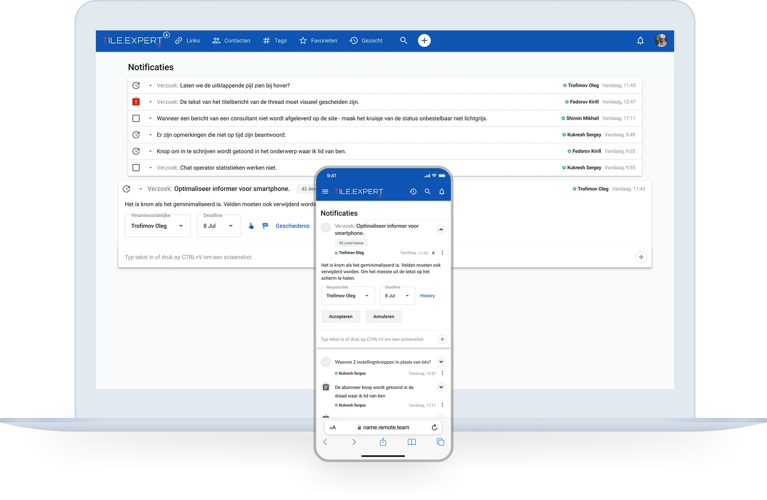 Remote.Team-informer: verzoeken met verantwoordelijke en deadline op laptop en telefoon